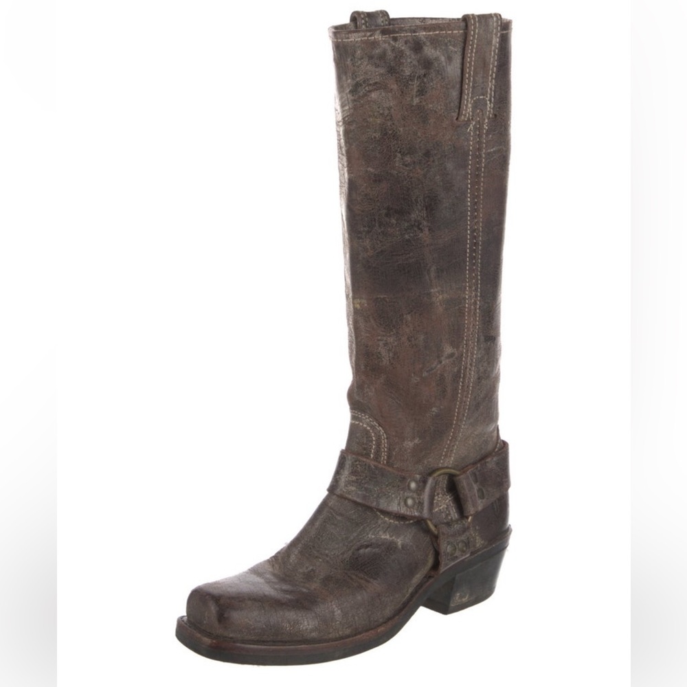 Frye Tall Harness Distressed Brown Leather Boots - Picture 2 of 14